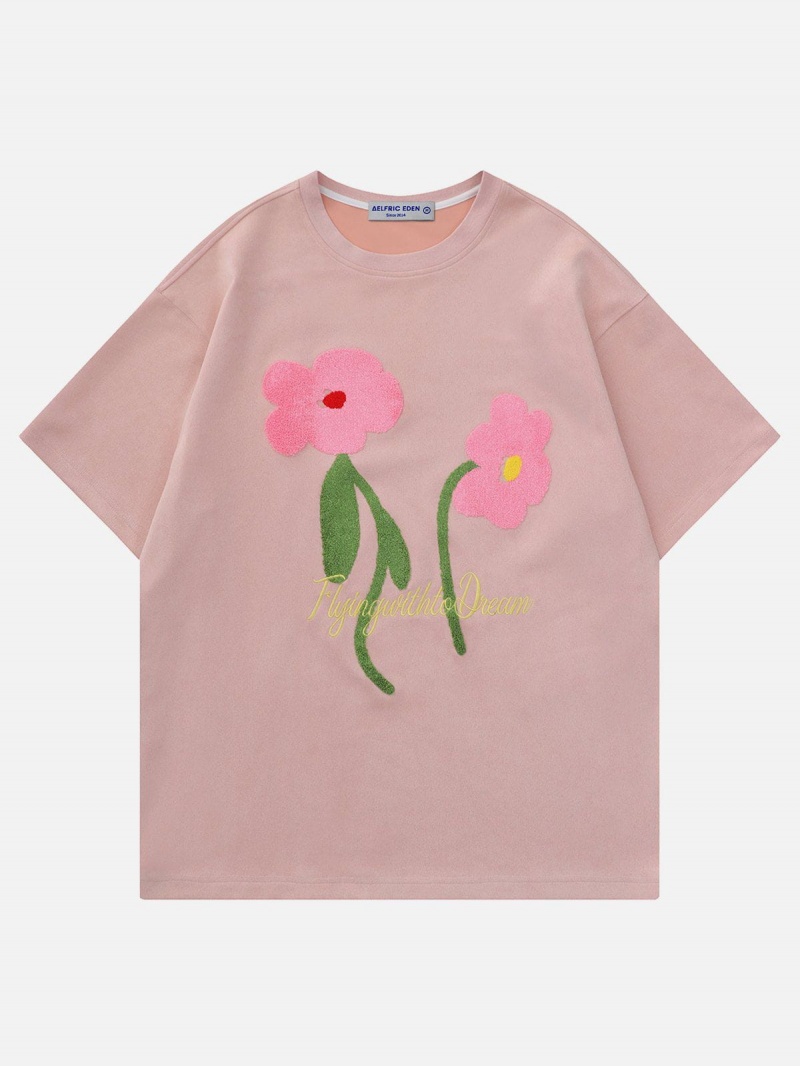 Kaki  T Shirts Aelfric Eden Flocking Flower Daim Tee - VUQ-5029623